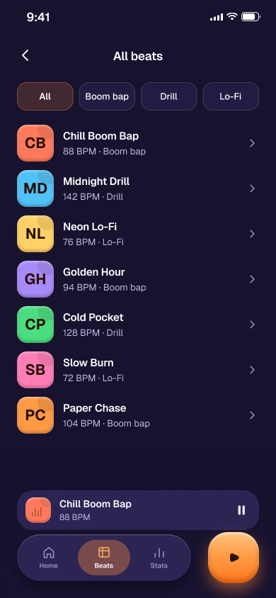 All beats screen: full beat library by genre