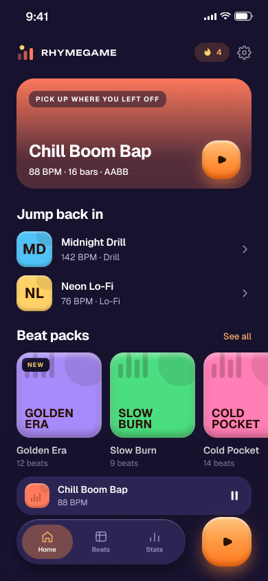 RapGame home screen showing beat packs and streak
