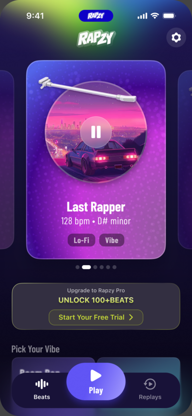 Home: swipe through the beat carousel and pick your vibe
