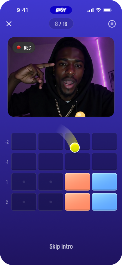 Game screen: the ball bounces across the rhyme grid while the camera records