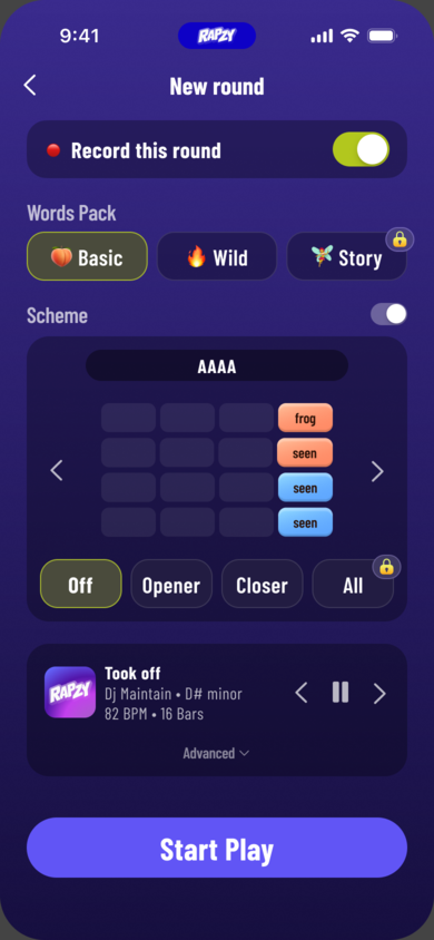 New round: record toggle, word pack and rhyme scheme