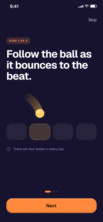 Tutorial screen: follow the ball as it bounces to the beat