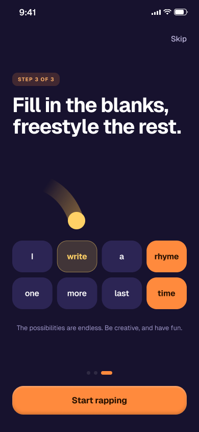 Tutorial screen: fill in the blanks, freestyle the rest