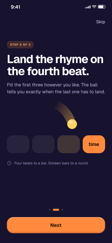 Tutorial screen: land the rhyme on the fourth beat